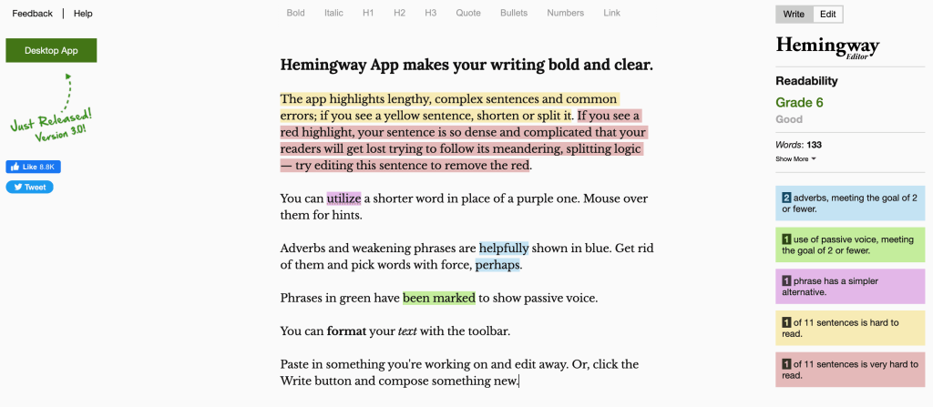 hemingway app home page