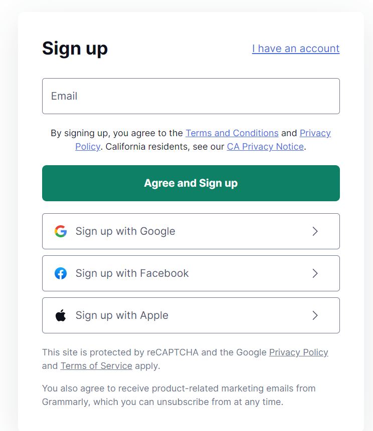 Grammarly sign up pop up