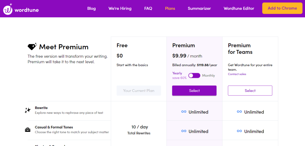 Wordtune-pricing page