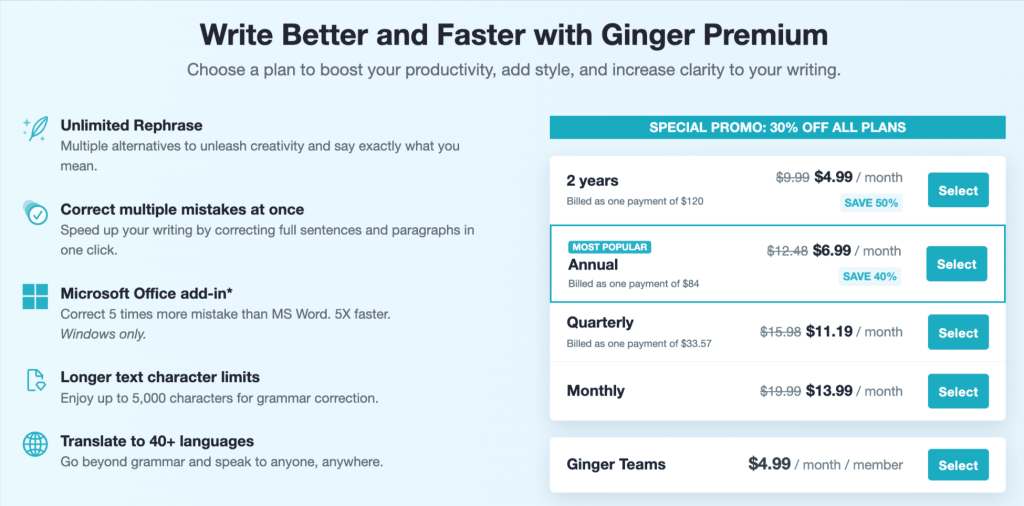 Ginger Pricing Plan