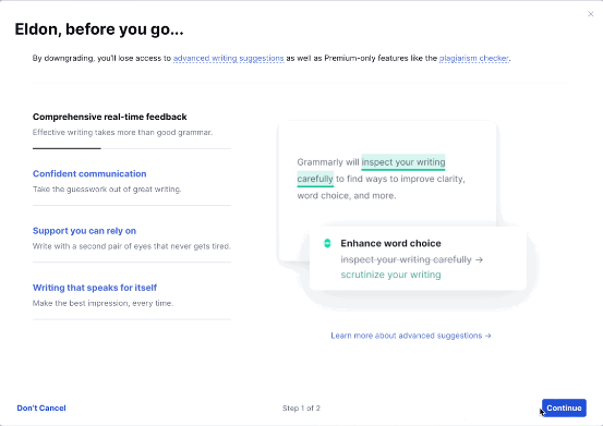 Grammarly- confirm the cancellation, click on Yes, Continue 
