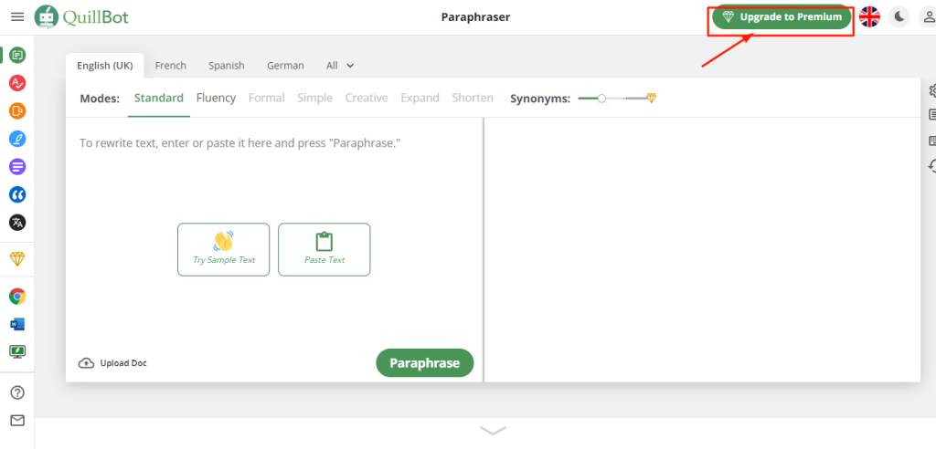 Quillbot Click on upgrade to premium
