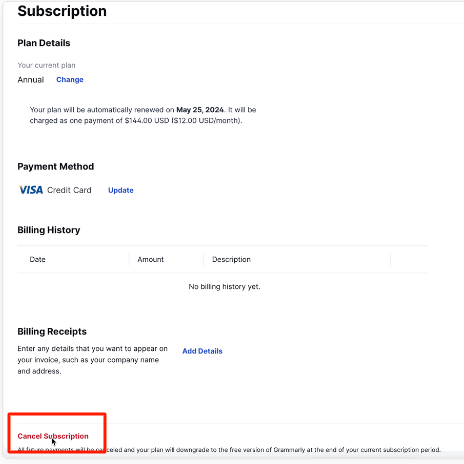 Grammarly- Click on the Cancel Subscription tab