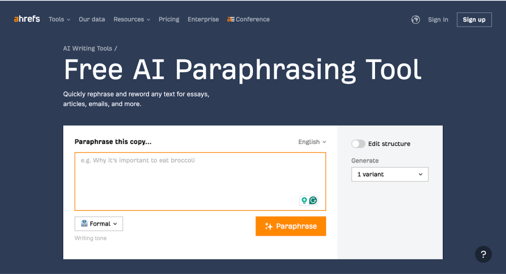 Ahrefs paraphrasing tool