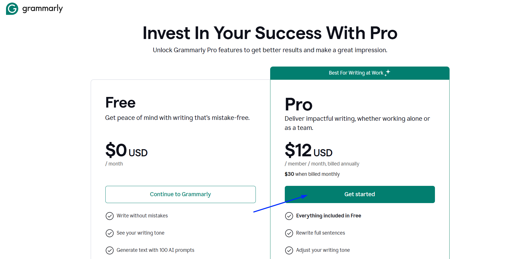 Click On Get Started Button On Grammarly