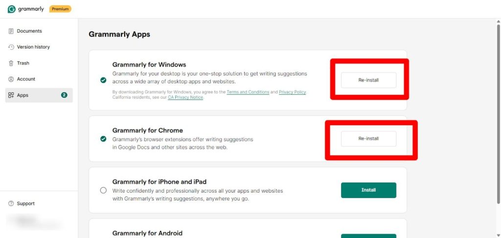 Reinstall Grammarly